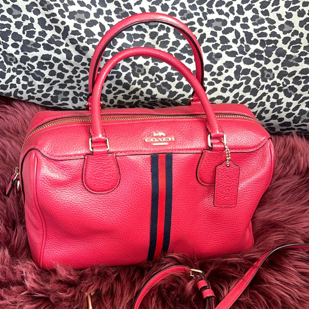 COACH Red Pebble Leather Handbag Satchel Shoulder strap Custom details Stripe